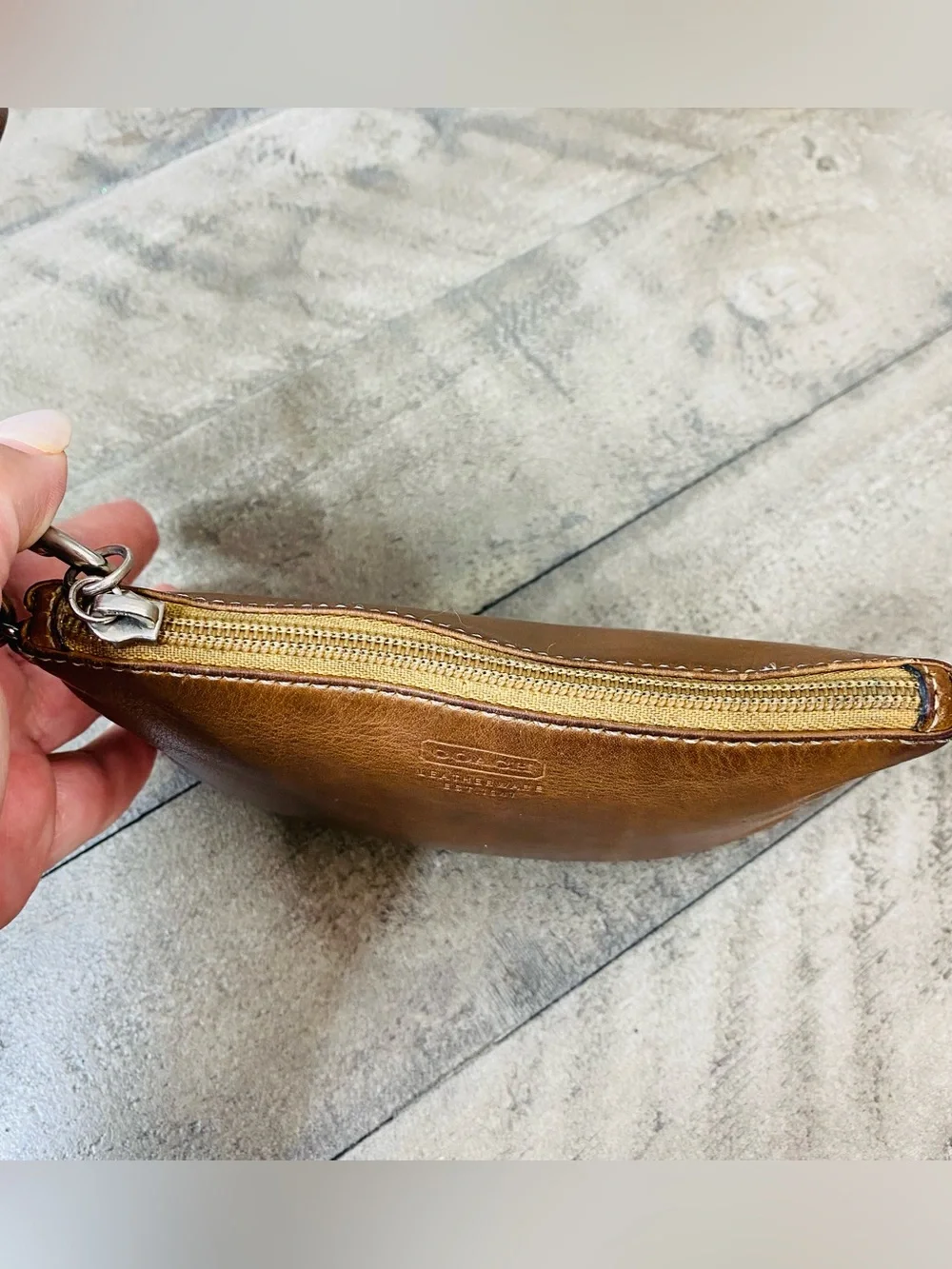 Coach Vintage Leather Wristlet Pouch Tan Zip Closure Adjustable Strap